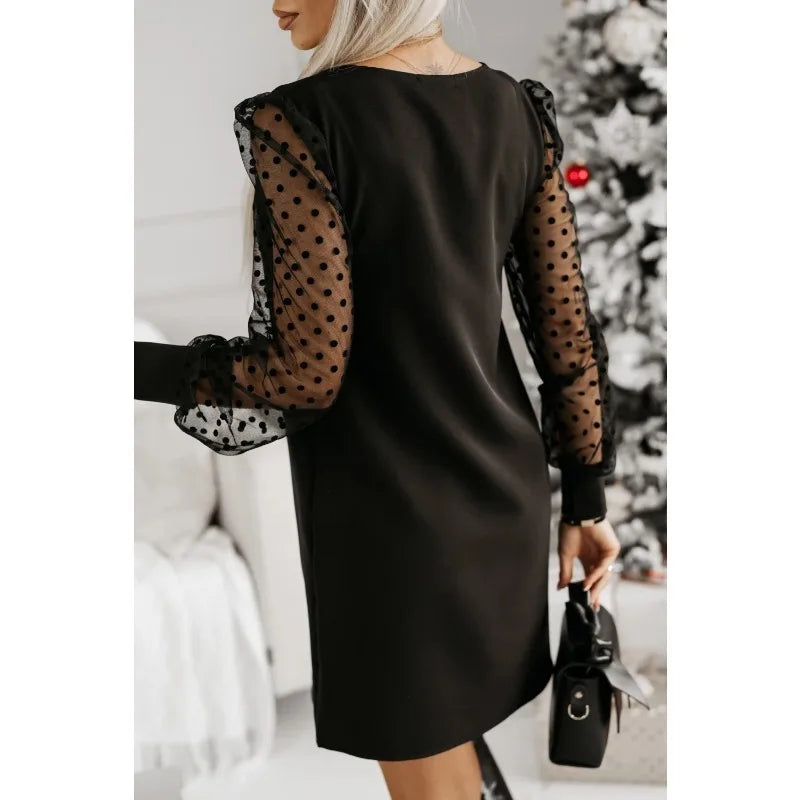 New Women's  Fashionable Solid Color Long Sleeved Party Dress Ladies Casual Mesh Sleeve Round Neck Comfortable Dress