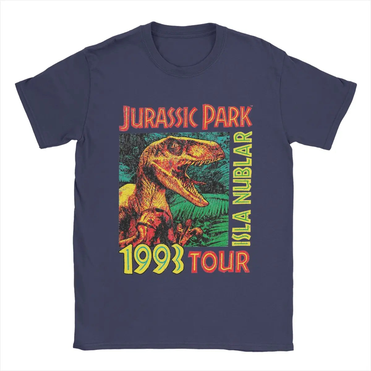 تي شيرت رجالي من Jurassic Park Tour 1993 مصنوع من القطن الخالص بأكمام قصيرة ورقبة دائرية ورسومات جرافيكية