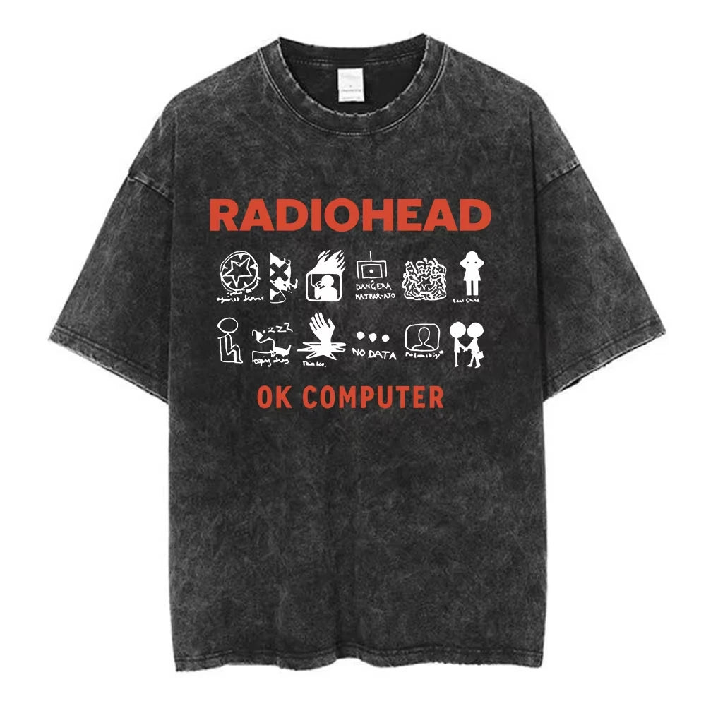 تي شيرت Radiohead Rock Band OK Computer Vintage Washed للرجال والنساء تي شيرتات هيب هوب عصرية 100% قطن تي شيرتات كاجوال ملابس الشارع
