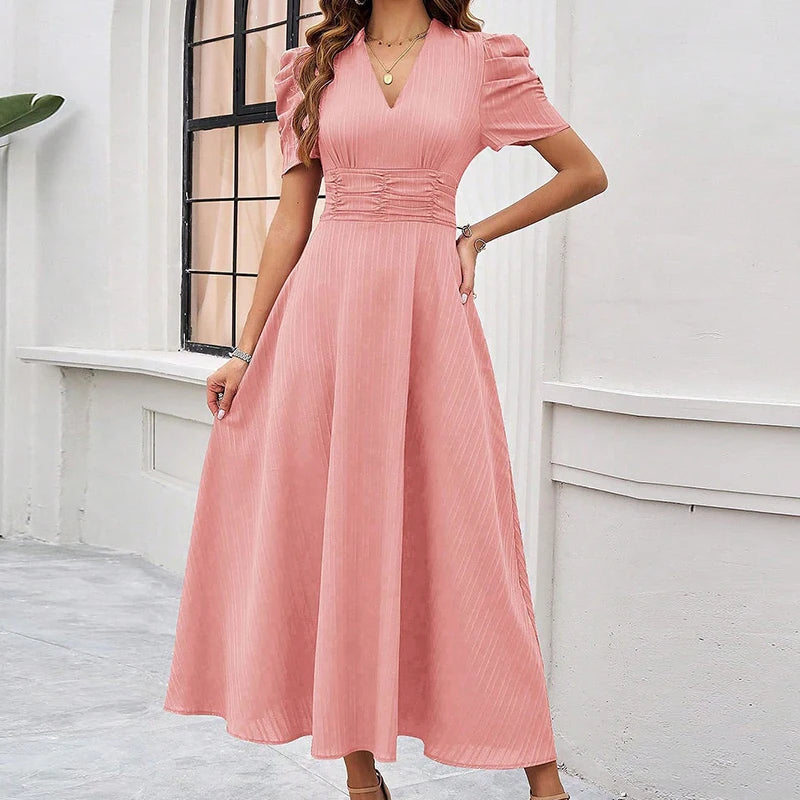 Solid Color Casual Slim Long Dresses For Women Fashion Summer Women's Puff Sleeve A Line Midi Dress Elegant Vintage Female Dress
