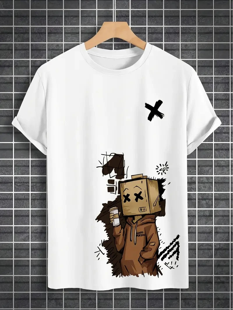 تيشيرت رجالي عصري فضفاض مطبوع عليه رسومات جرافيتي على شكل دمية، مصنوع من القطن الخالص 100%، بياقة دائرية وأكمام قصيرة.