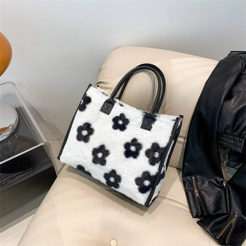 حقائب تسوق شتوية من الفرو الصناعي، مصممة بطبعة جلد النمر، حقائب كتف نسائية ناعمة من القطيفة، حقائب يد ومحفظة كبيرة السعة