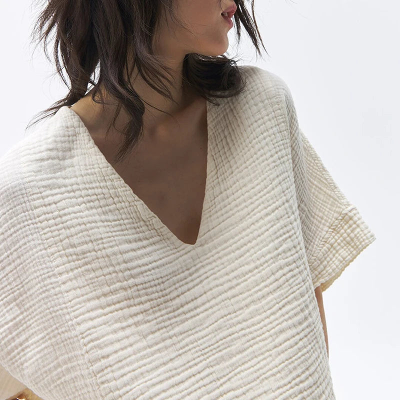 قميص نسائي أنيق من القطن بنسبة 100%، تي شيرت مثير برقبة على شكل حرف V وأكمام قصيرة، قميص فضفاض غير رسمي من الشاش، ملابس الشارع، Ropa Mujer Camisetas