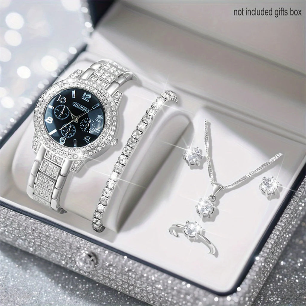 طقم ساعة يد كوارتز أنيقة للسيدات مكون من 6 قطع مع مجوهرات - هدية مثالية للنساء، عيد الحب، تصميم أنيق
