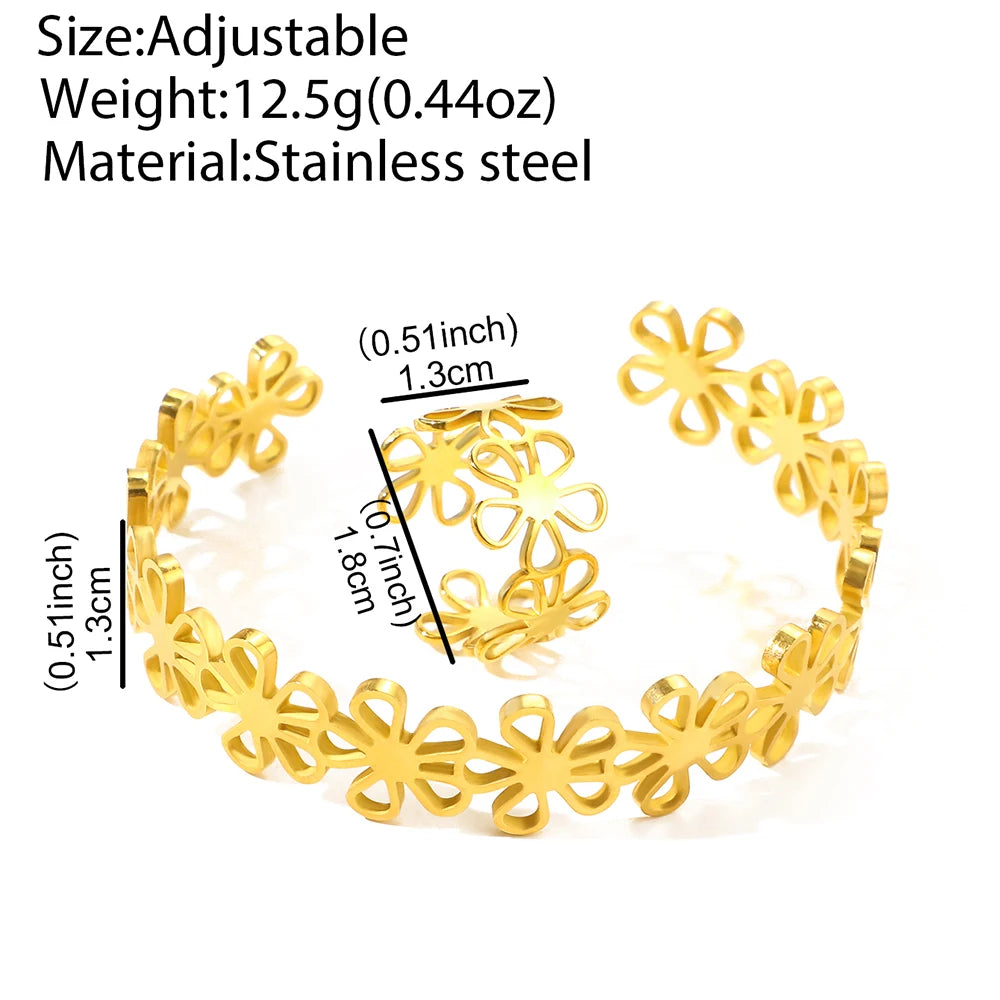 طقم أساور وخواتم من الفولاذ المقاوم للصدأ بتصميم زهور مجوفة، سوار وخاتم بتصميم كلاسيكي مميز للنساء، مجوهرات عالية الجودة لا يتغير لونها، هدية جديدة