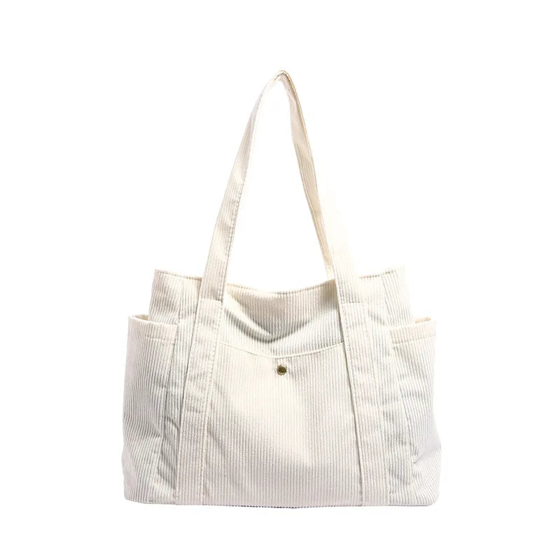 حقيبة نسائية كلاسيكية من قماش الكوردروي، ذات سعة كبيرة وجيوب متعددة، حقيبة كتف، حقيبة يد نسائية بسيطة وأنيقة للتسوق