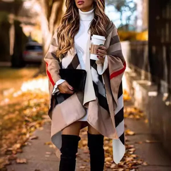 معطف نسائي أنيق بأكمام منفوشة بتصميم جناح الخفاش، مناسب للخريف والشتاء، محبوك بألوان متعددة، وشاح غير منتظم