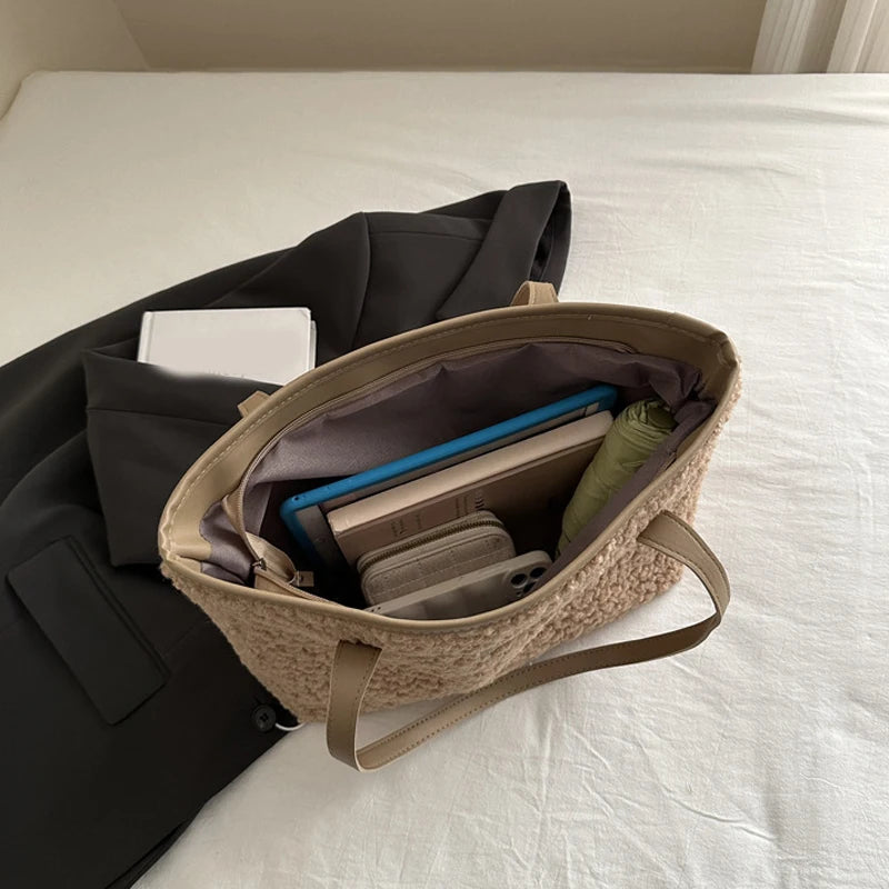 حقيبة يد ناعمة كبيرة السعة لفصل الخريف والشتاء، حقيبة كتف نسائية من صوف الضأن، حقيبة حمل بسحاب، حقيبة تسوق عادية، حقيبة سفر