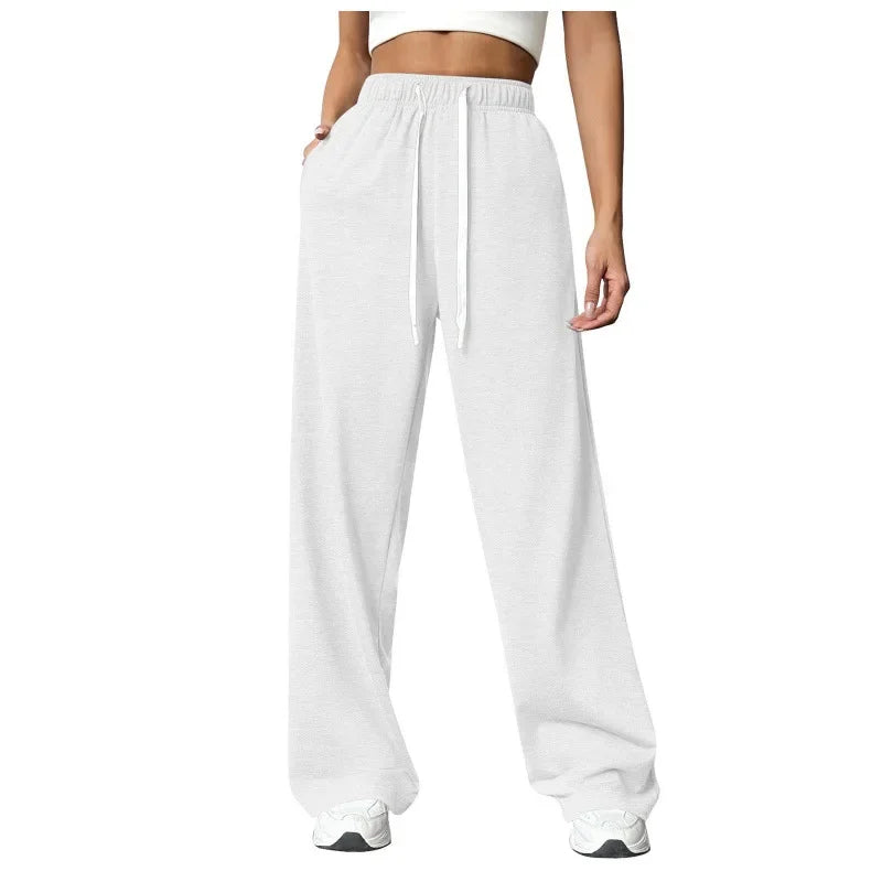 Hot Sale Of The Season New Elastic Waist Pants with Side Pockets Fleece Lined Thick Wide Leg Sweatpants Pure Color Straight Cut