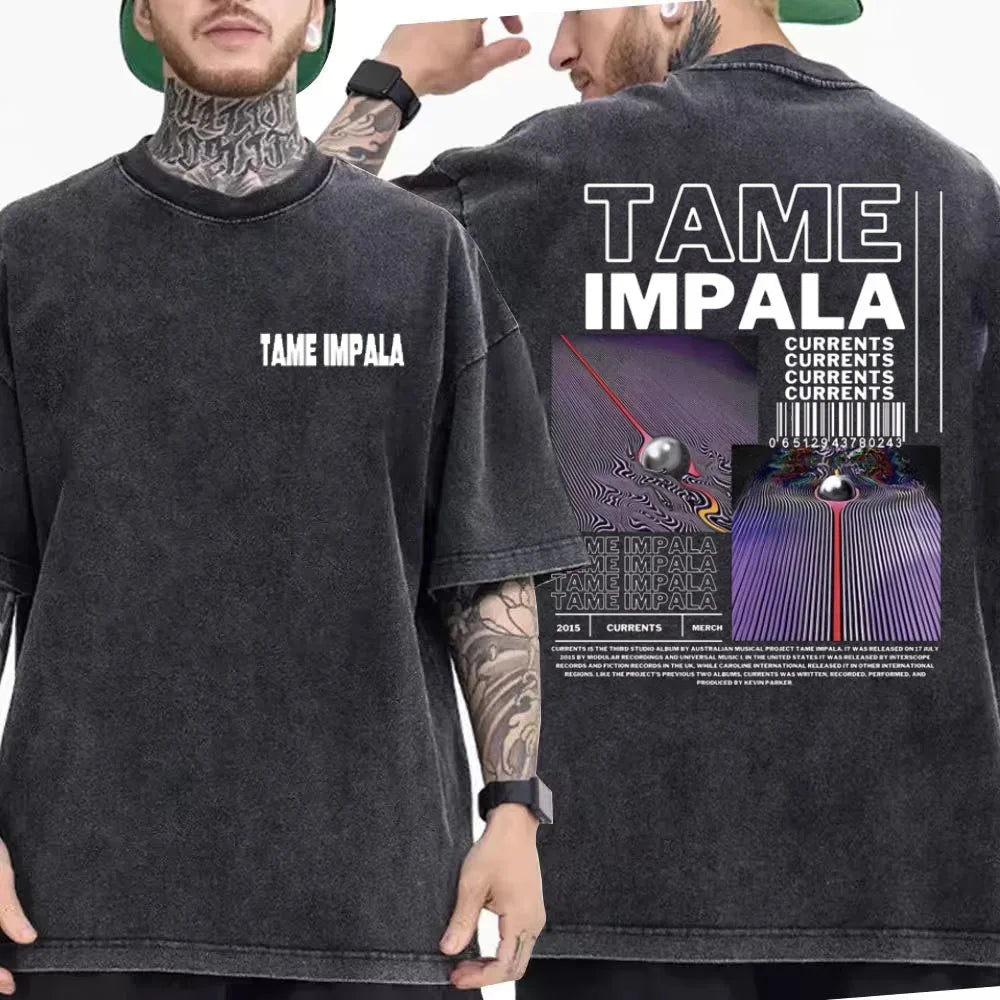 تي شيرت رجالي كاجوال فضفاض بأكمام قصيرة من القطن مطبوع عليه عبارة VintageWashed Pop Rock Band Tames Impala Current Graphic Print