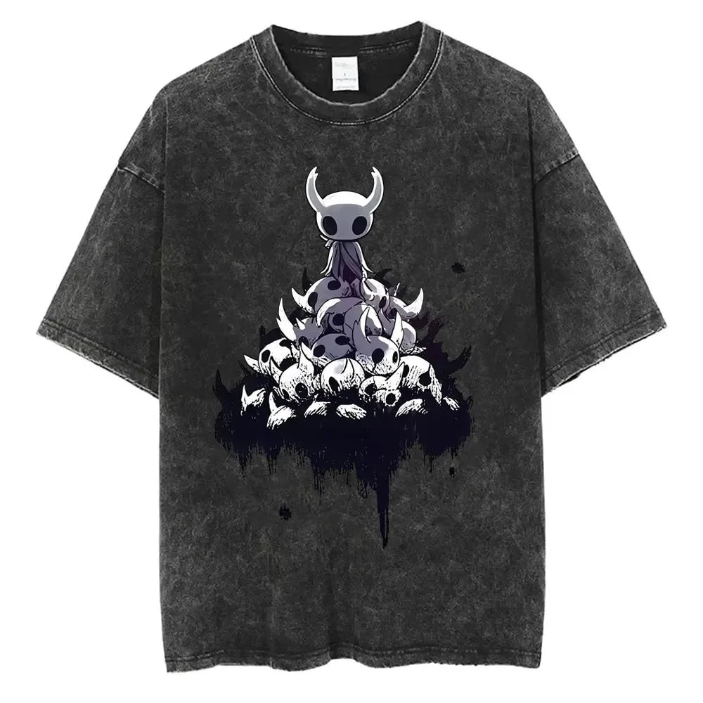 تي شيرت جرافيكي مطبوع عليه لعبة هولو نايت الكلاسيكية المغسولة للرجال والنساء، تي شيرت كاجوال من القطن بأكمام قصيرة، تي شيرت كبير الحجم للجنسين