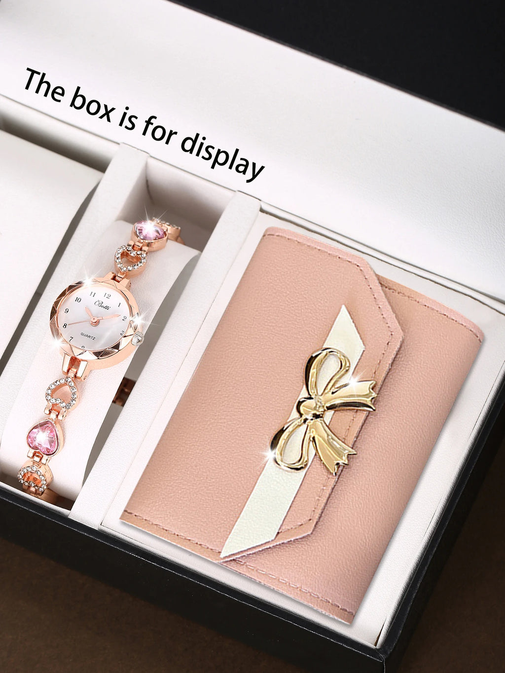 قطعتان من سوار ساعة كوارتز فاخر وبسيط للنساء، بالإضافة إلى محفظة صغيرة وردية اللون لحفظ البطاقات، هدية مثالية لـ