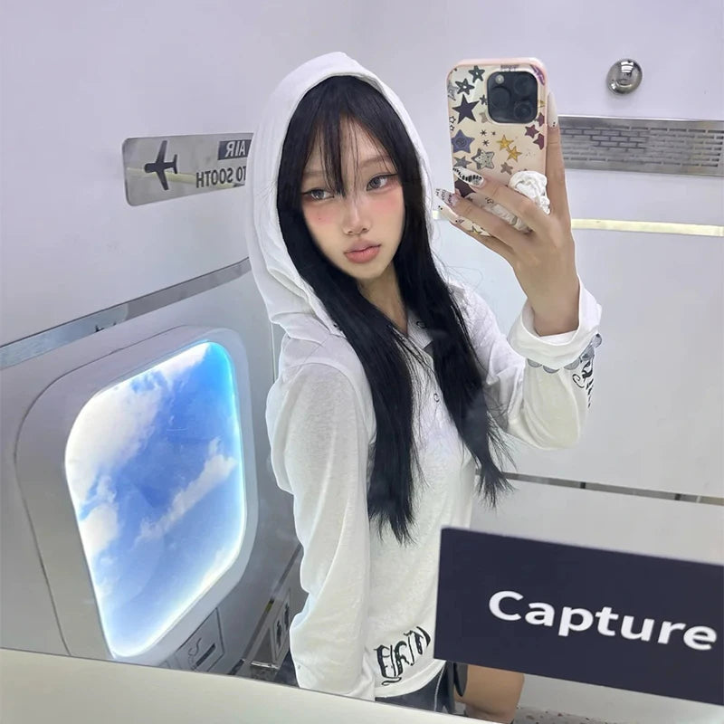 Genayooa American Retro T-shirt Women Hooded Print Graphic Tops Y2k Vintage Tops Streetwear Japanese 2000s Grunge Tops E-girls