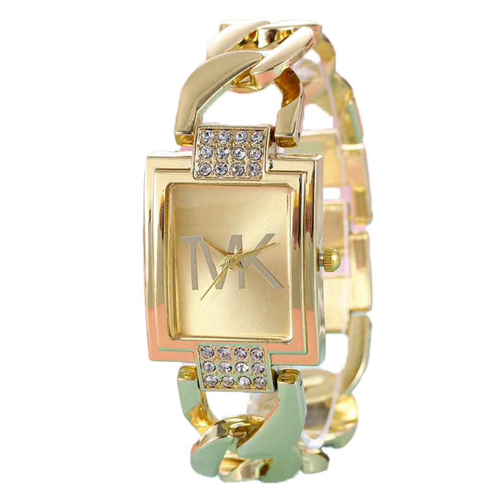 ساعة نسائية فاخرة جديدة من ماركة TVK، بتصميم أنيق وعصري، وسوار معدني، وحركة كوارتز مربعة.