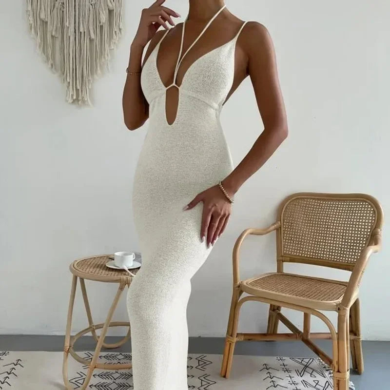 2025 Women's Summer Sexy Halter Dress Solid Color Tie-Up Backless Sleeveless Bodycon Long Knit Dress For Beach Party Vestidos