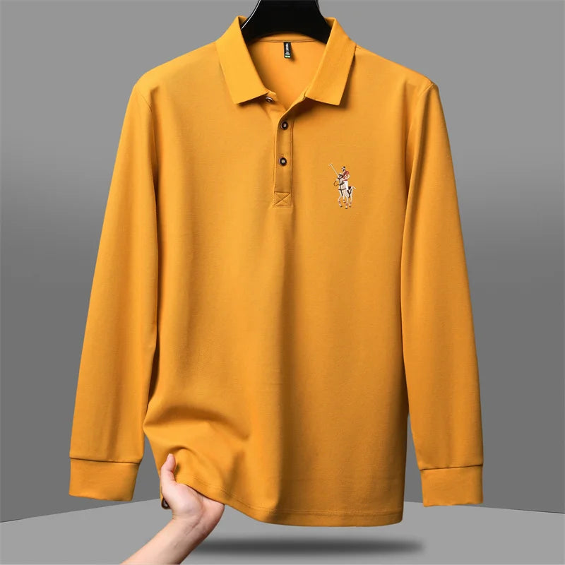 قميص بولو أمريكي للرجال خريف وشتاء عصري من العلامة التجارية العصرية غير الرسمية مطرز بأكمام طويلة للرجال