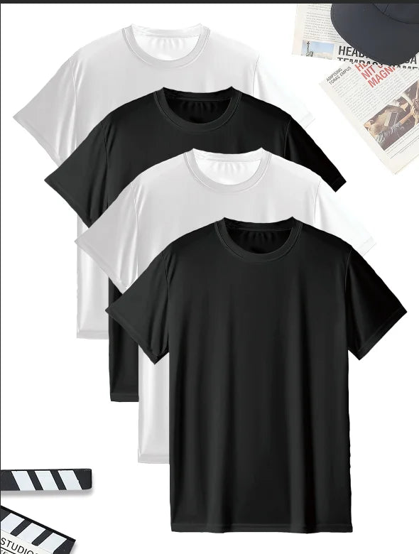 4 قطع تي شيرت رجالي صيفي رقيق أبيض أسود بلون سادة سريع الجفاف قابل للتنفس يمتص العرق مناسب لصالة الألعاب الرياضية والجري