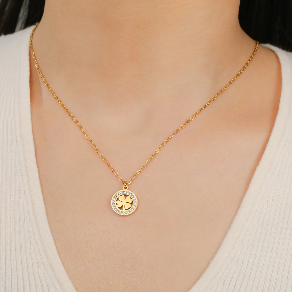 Skyrim Four Leaf Clover Zircon Round Pendant Necklace Stainless Steel Gold Color Choker for Women Jewelry Mother's Day Gift