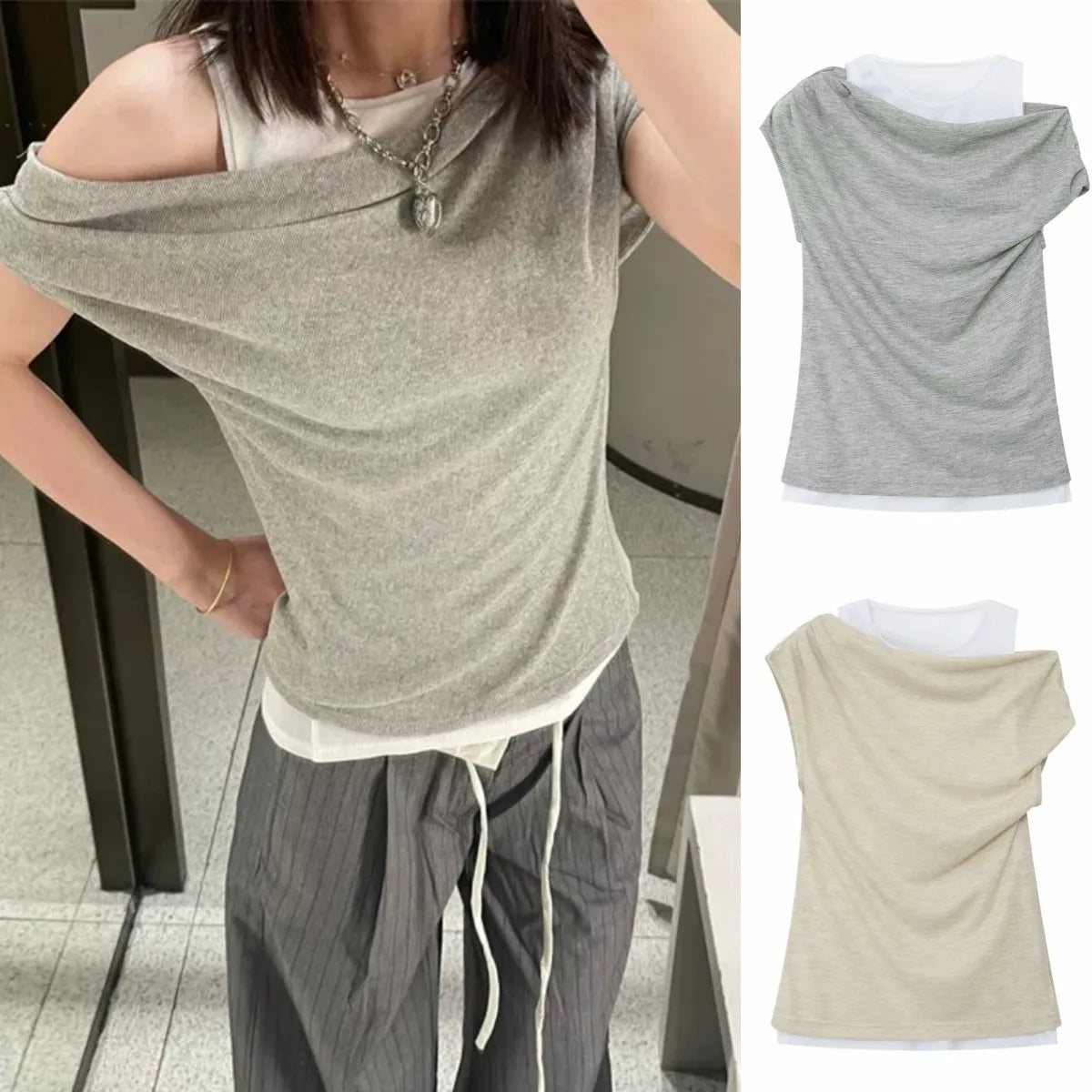 تي شيرت نسائي جديد من ETJ 2025، مكون من قطعتين مثيرتين مكشوفتي الكتفين بأكمام قصيرة، مزين بقطع ملونة ومرقعة