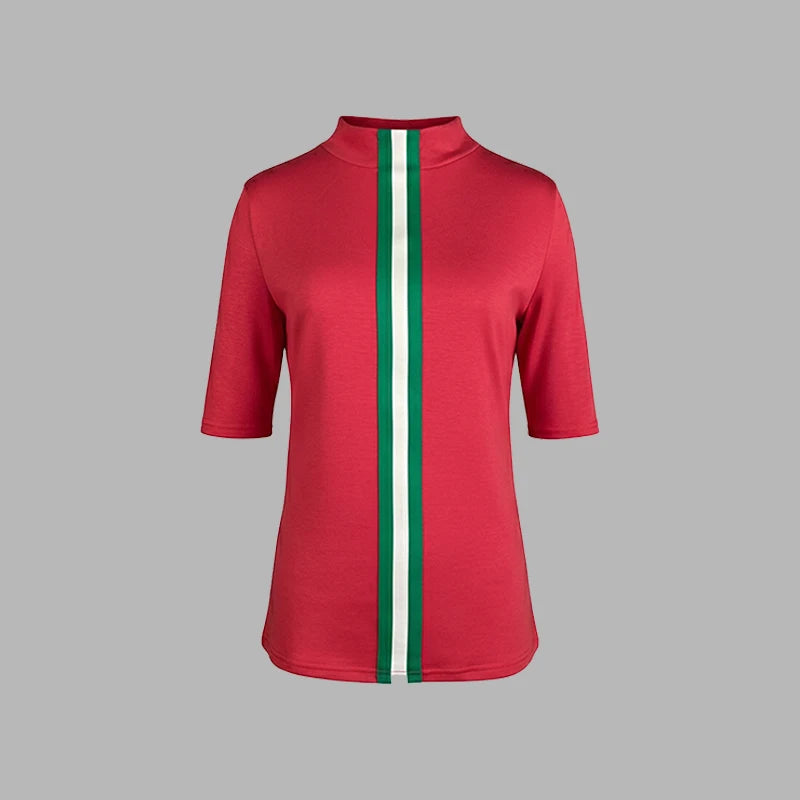 تي شيرتات نسائية مخططة ضيقة باللون الأحمر، ربيع 2025، جديد، نصف كم، رقبة دائرية، ملابس نسائية مريحة بألوان متباينة، ملابس مكتبية