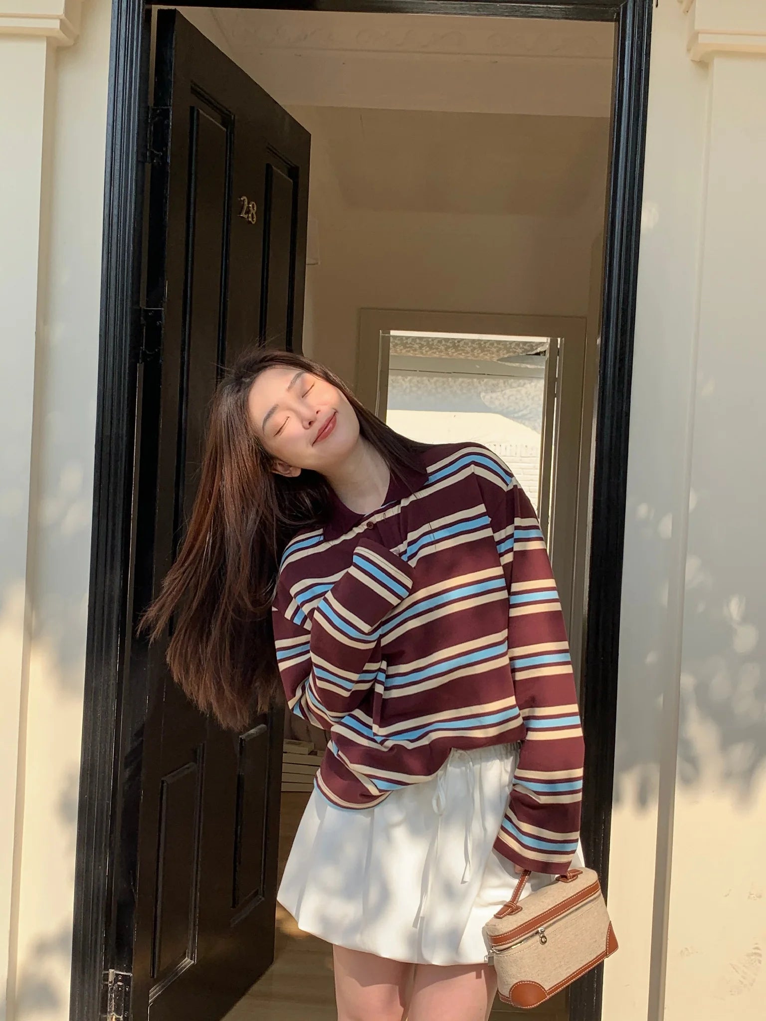 قمصان بولو صيفية للنساء بأكمام طويلة وقميص قصير بخطوط خضراء متعددة الألوان، قمصان بولو نسائية كاجوال مخططة باللون البني للخريف