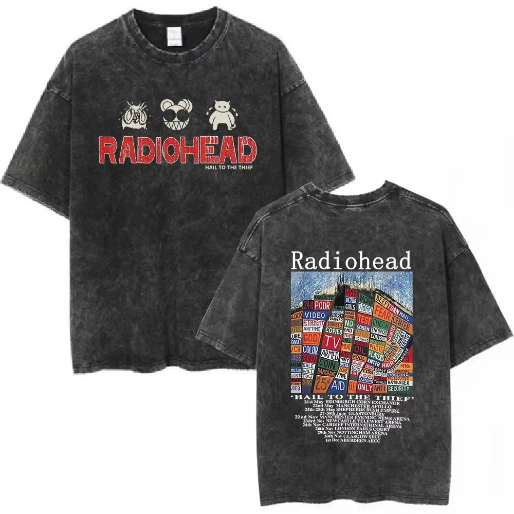 تي شيرت Radiohead Rock Band OK Computer Vintage Washed للرجال والنساء تي شيرتات هيب هوب عصرية 100% قطن تي شيرتات كاجوال ملابس الشارع