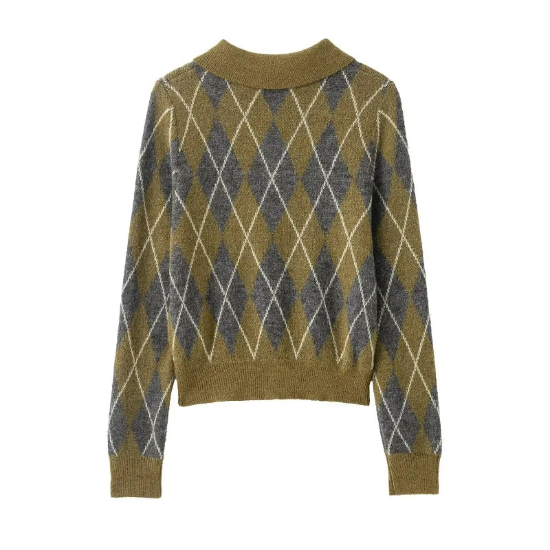 سترة كارديجان قصيرة محبوكة بنقشة ماسية وياقة بولو للخريف للنساء بأزرار مزخرفة سترة نسائية كاجوال