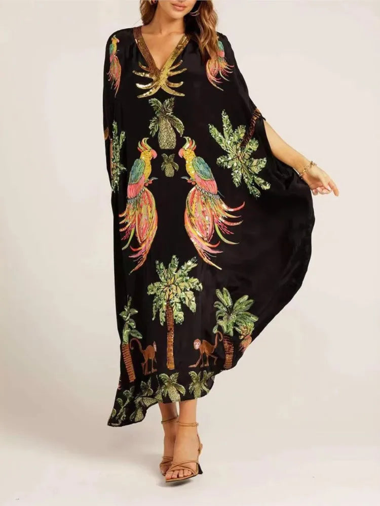 Women Bohemian Maxi Dresses 2025 Summer Loose V-neck Fashion Sexy Hipster Elegant Retro Printed Female Casual Long Robe Vestidos
