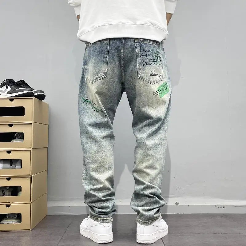American Retro Street Style Personalized Printed Straight Leg Jeans for Men Loose Fitting Washed High Street Hip-hop Pants