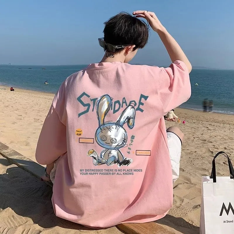 تيشيرت رجالي مقاس 8XL، فضفاض، مستوحى من الموضة الكورية، بتصميم أمريكي، مطبوع عليه أرنب، بأكمام قصيرة ورقبة دائرية، مناسب للأزواج.