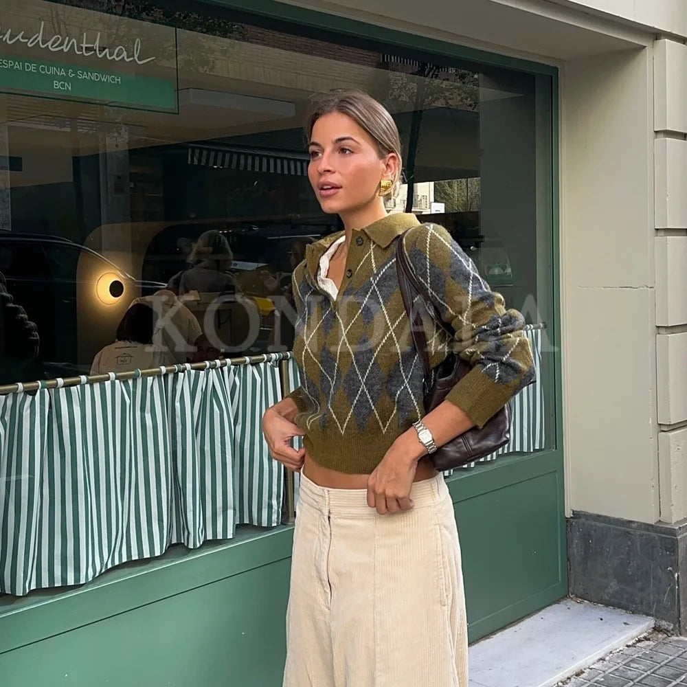 قمصان بولو نسائية محبوكة من KONDALA خريف وشتاء 2025، ملابس الشارع من Argyle، بلوفر عتيق أنيق، بياقة مطوية، قمصان بولو نسائية
