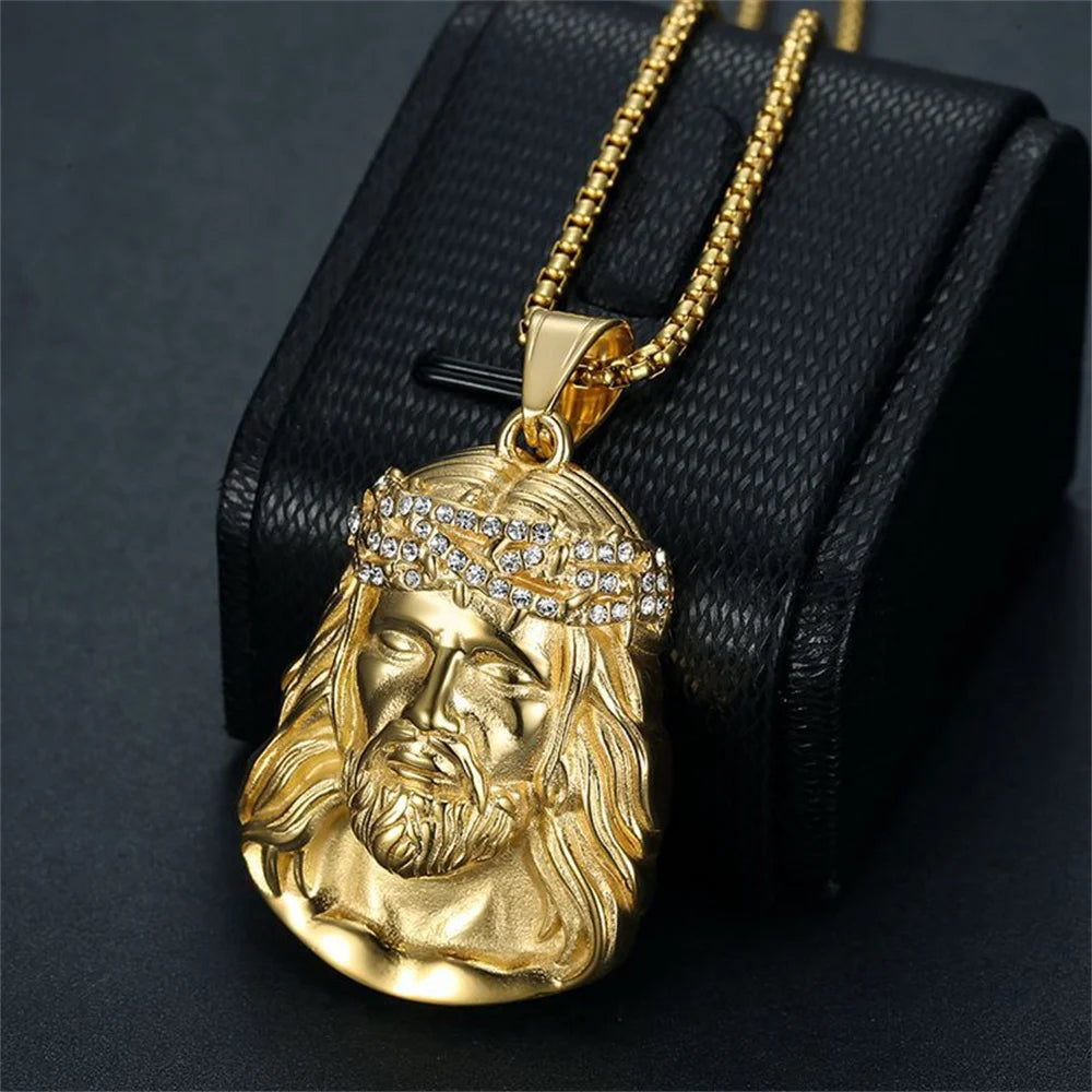 Religious Fashion Christ Jesus Head Pendant Gold Color Stainless Steel CZ Christian Necklace For Men Jewelry Male Gift 2025