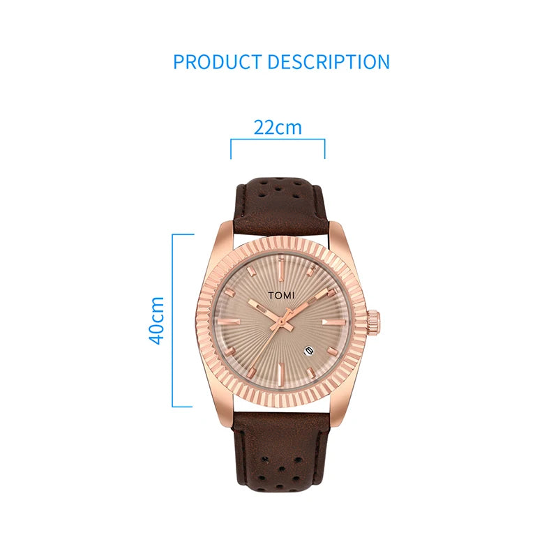TOMI Men's Fashion Classic Men's and Women's Watch Versatile Trend Business Calendar Brown Leather Quartz Watch