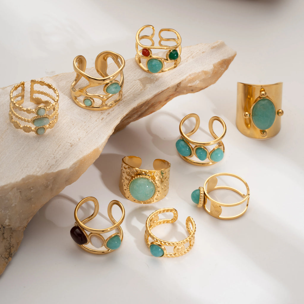 خاتم أنيق من الفولاذ المقاوم للصدأ مرصع بحجر الفيروز الأخضر الطبيعي والمالاكيت، قطعة مجوهرات صيفية كبيرة بتصميم بوهيمي للنساء