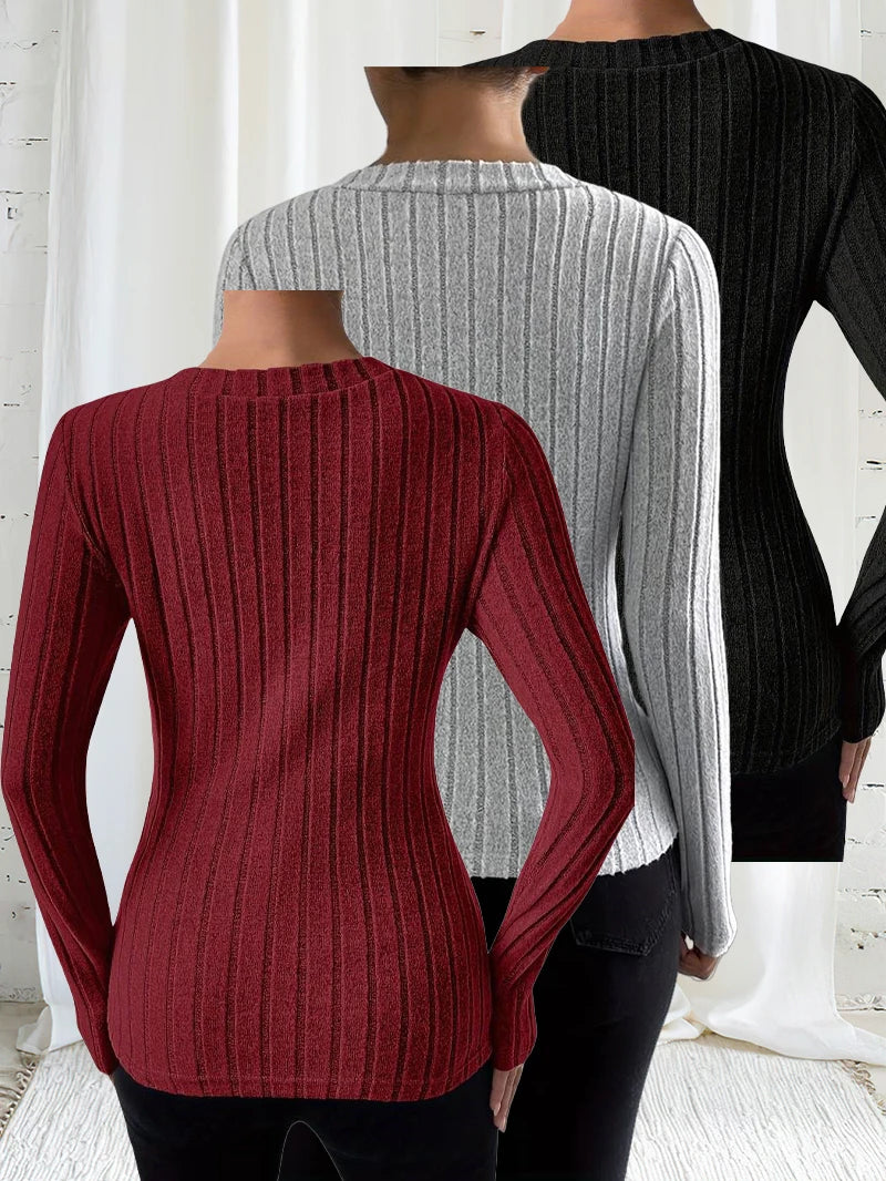 مجموعة تي شيرت نسائية أنيقة برقبة على شكل حرف V وأكمام طويلة ودافئة من 3 قطع