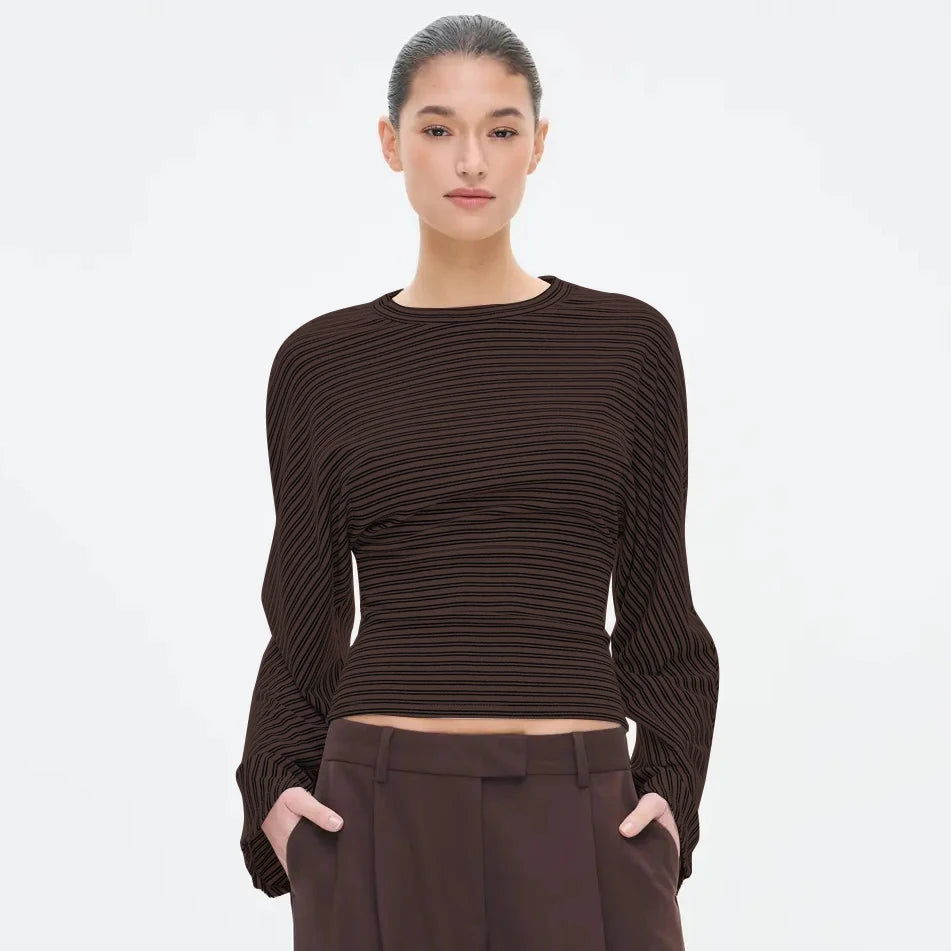 تيشيرت نسائي جديد من CUTENOVA، مخطط، بياقة دائرية، مثير، متعدد الاستخدامات، ضيق، بأكمام طويلة، قطعة علوية أنيقة، ملابس الشارع، تيشيرت كاجوال