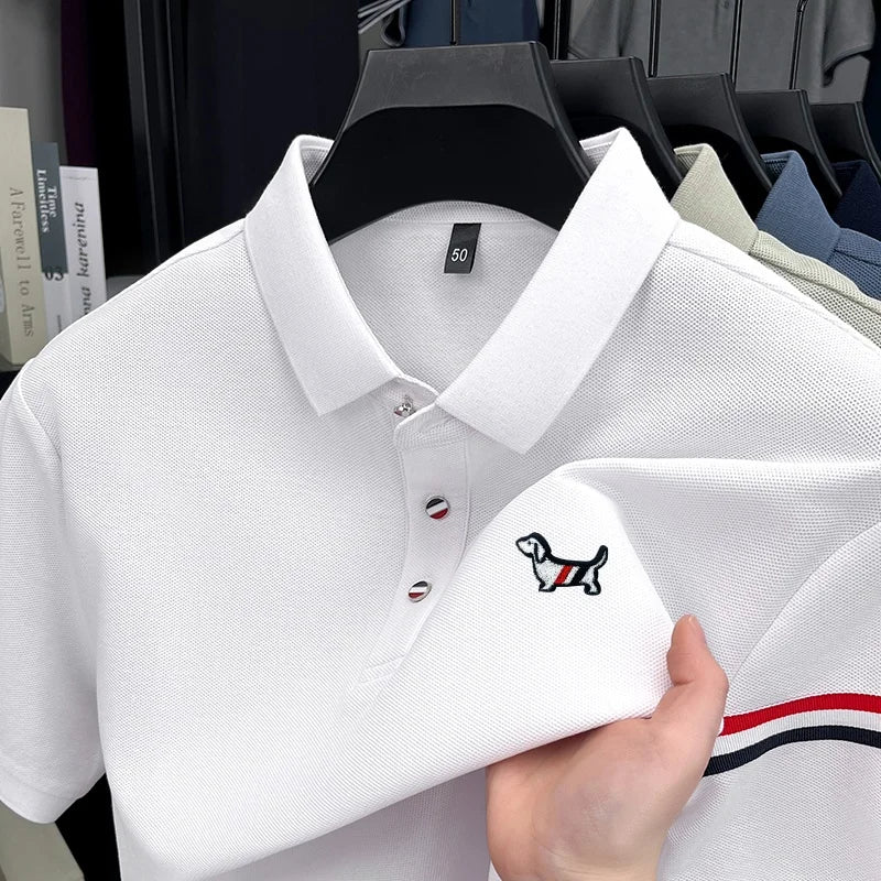 قميص بولو رجالي عالي الجودة، مخطط برسومات كرتونية، بأكمام قصيرة، مناسب للعمل، صيفي، مناسب للصيف، مصنوع من القطن بنسبة 100%