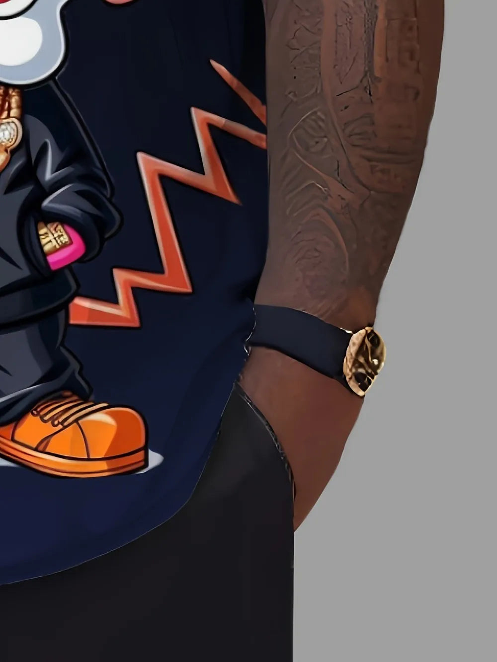 تيشيرت رجالي مطبوع عليه رسومات حيوانات كرتونية بأسلوب الهيب هوب، برقبة دائرية، مصنوع من البوليستر بنسبة 100%، مناسب للارتداء اليومي.