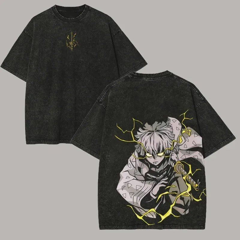 تي شيرت Zenitsu Demon Slayer Graphic T-Shirt Manga Vintage Washed Large Size T-Shirt للرجال والنساء ملابس قطنية ناعمة بأكمام قصيرة