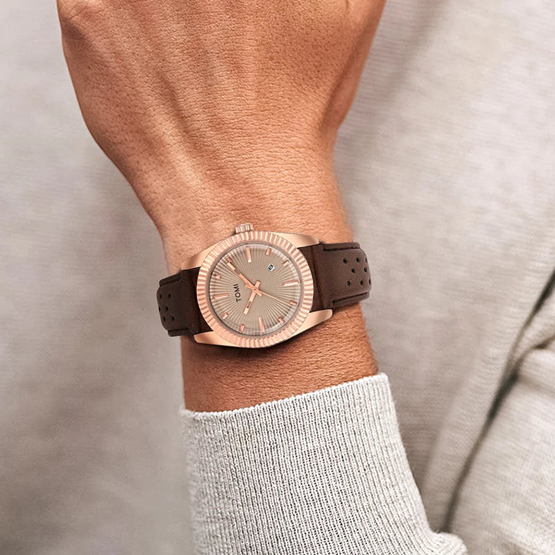 TOMI Men's Fashion Classic Men's and Women's Watch Versatile Trend Business Calendar Brown Leather Quartz Watch