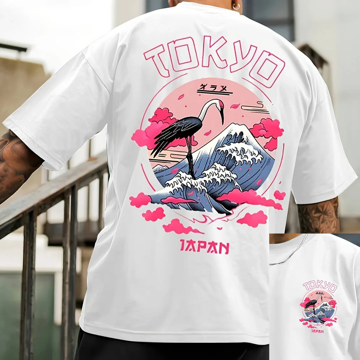 تيشيرت رجالي صيفي مصنوع من القطن الخالص بنسبة 100%، بنقشة طوكيو العصرية، فضفاض، بياقة دائرية وأكمام قصيرة.