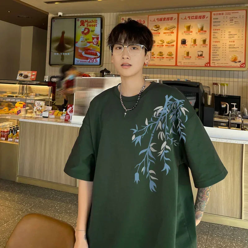 تي شيرت رجالي كبير الحجم من القطن، تي شيرت رجالي أبيض مقاس 5XL، ملابس صيفية كاجوال، تي شيرت مطبوع عليه الخيزران للرجال