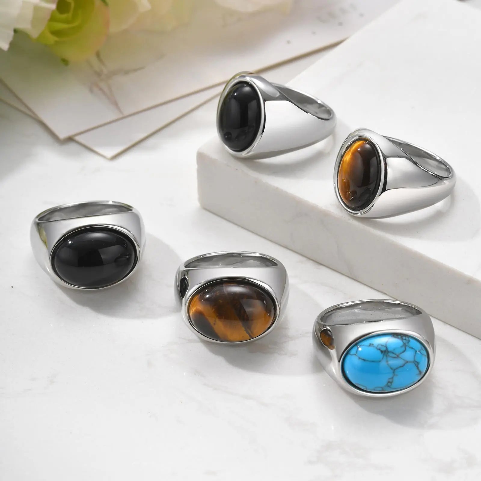 خاتم من الحجر الطبيعي للرجال والفتيان، خاتم بيضاوي مقاوم للماء للإبهام، خاتم أنيق وعصري، هدايا مجوهرات