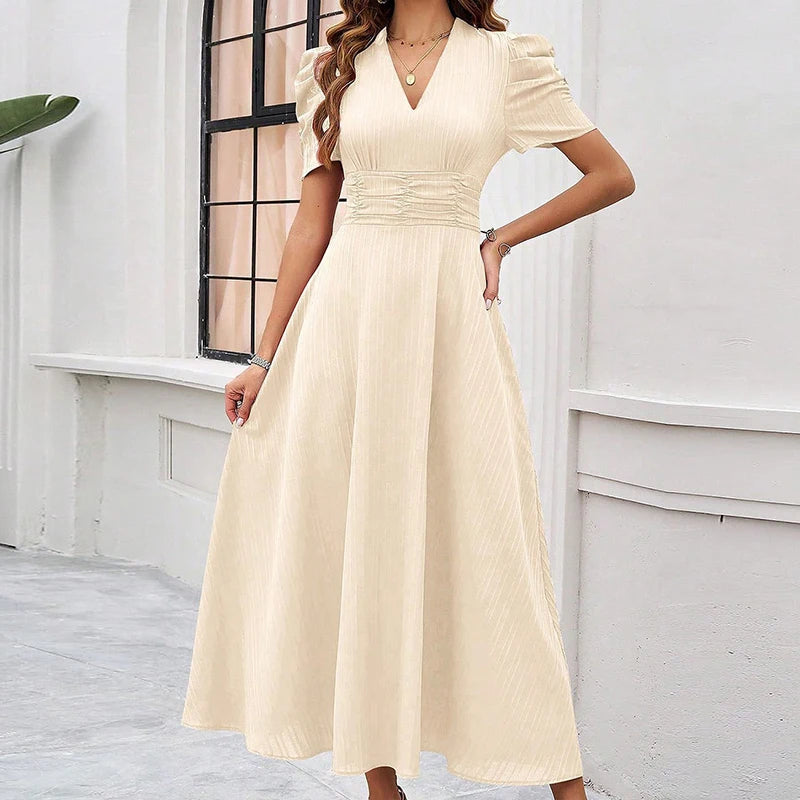 Solid Color Casual Slim Long Dresses For Women Fashion Summer Women's Puff Sleeve A Line Midi Dress Elegant Vintage Female Dress