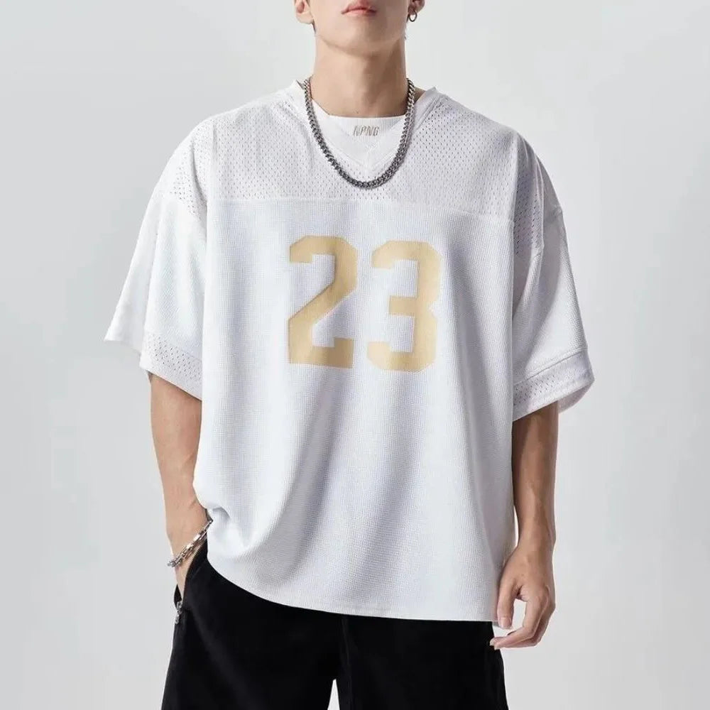 تي شيرت رجالي رياضي أمريكي مطبوع عليه أرقام، جيرسيه بخياطة شبكية، فضفاض بأكمام قصيرة، ملابس رجالية كاجوال قابلة للتنفس