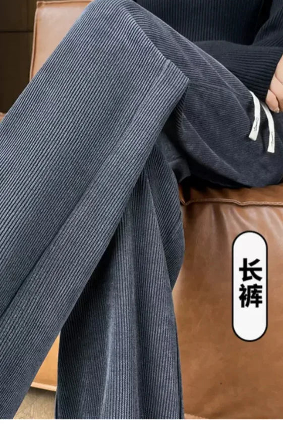 Fleece Lined Wide Leg Pants Women's Slim Straight Thick Corduroy Trousers Spring Autumn Winter New Style High Waist Long Pants