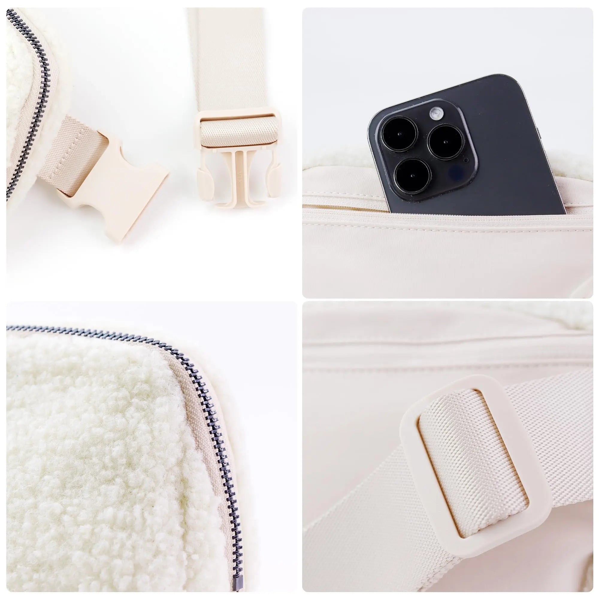 حقيبة حزام من الصوف الشتوي لكل مكان حقيبة كروس بودي نسائية بيضاء حقيبة خصر صغيرة بحزام قابل للتعديل (عاجي)