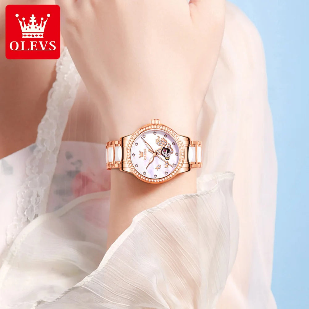 ساعة OLEVS النسائية الميكانيكية الأوتوماتيكية بالكامل بسوار فولاذي 7001