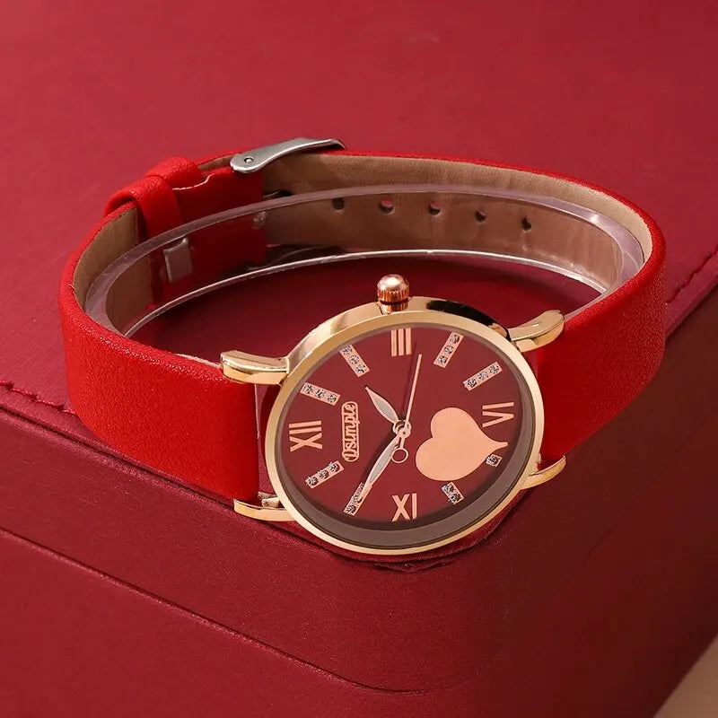 طقم 6 قطع من ساعات كوارتز نسائية أنيقة، مينا على شكل قلب، ساعات كلاسيكية بسيطة للنساء، هدية مثالية.