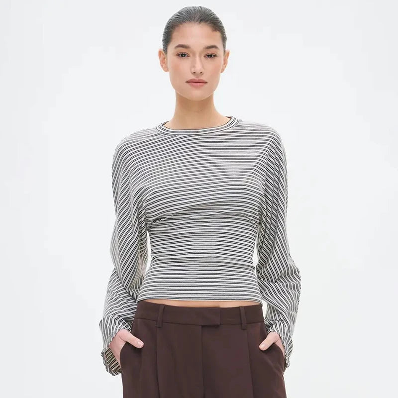 تيشيرت نسائي جديد من CUTENOVA، مخطط، بياقة دائرية، مثير، متعدد الاستخدامات، ضيق، بأكمام طويلة، قطعة علوية أنيقة، ملابس الشارع، تيشيرت كاجوال